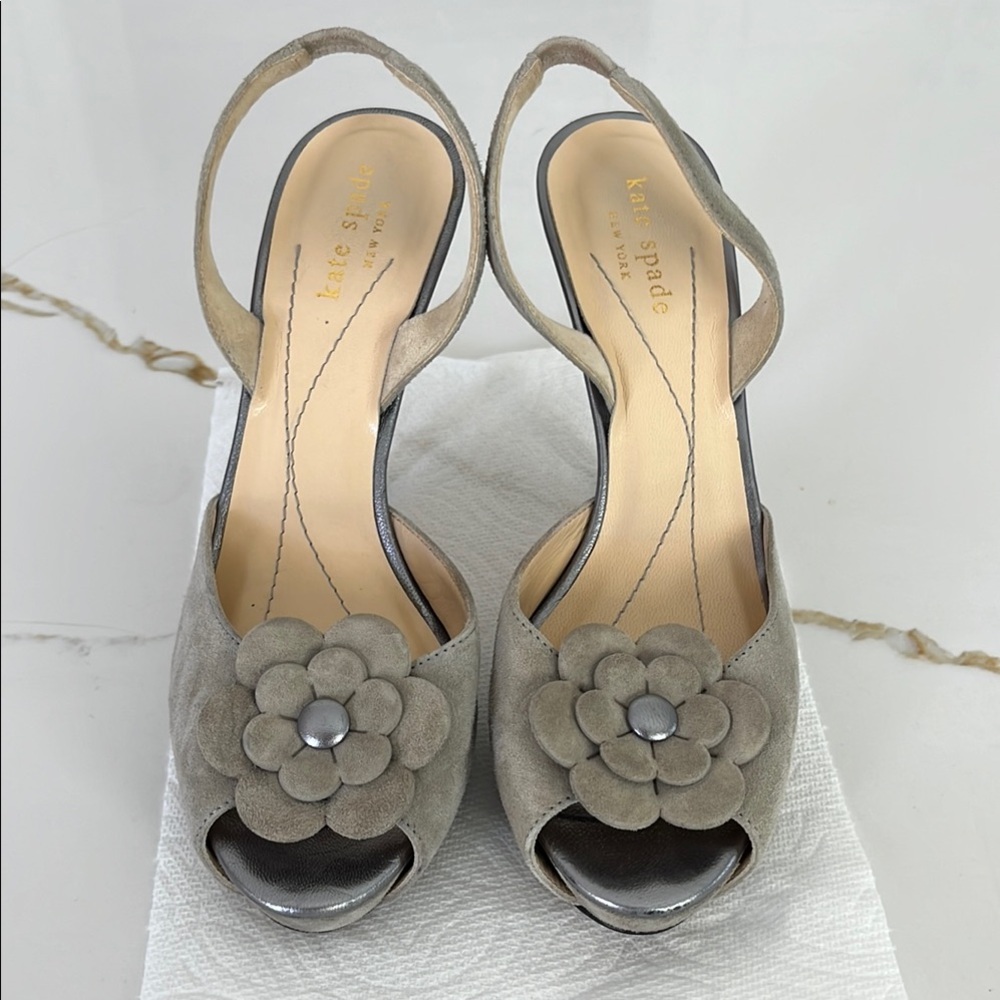 Kate Spade Taupe Floral Peep-Toe Platform Heels